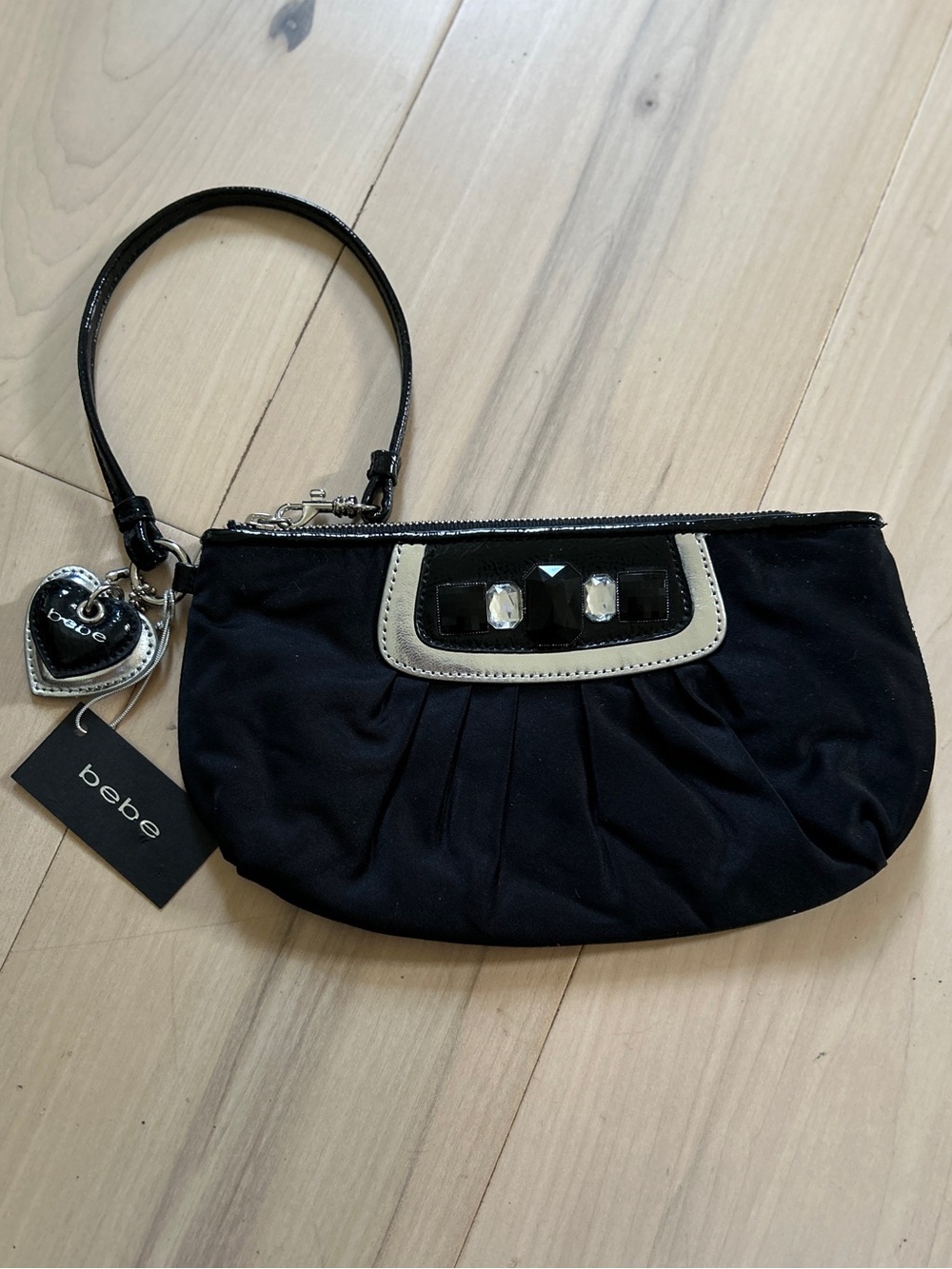 NWT Bebe Black Wristlet Rhinestone Heart Charm Vintage Y2K Era McBling